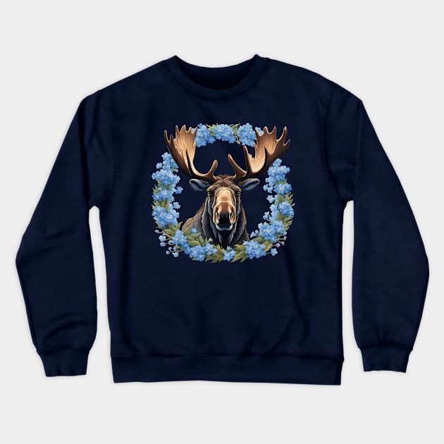 Moose And Alaska Alpine Myosotis Flowers Crewneck Sweatshirt by taiche